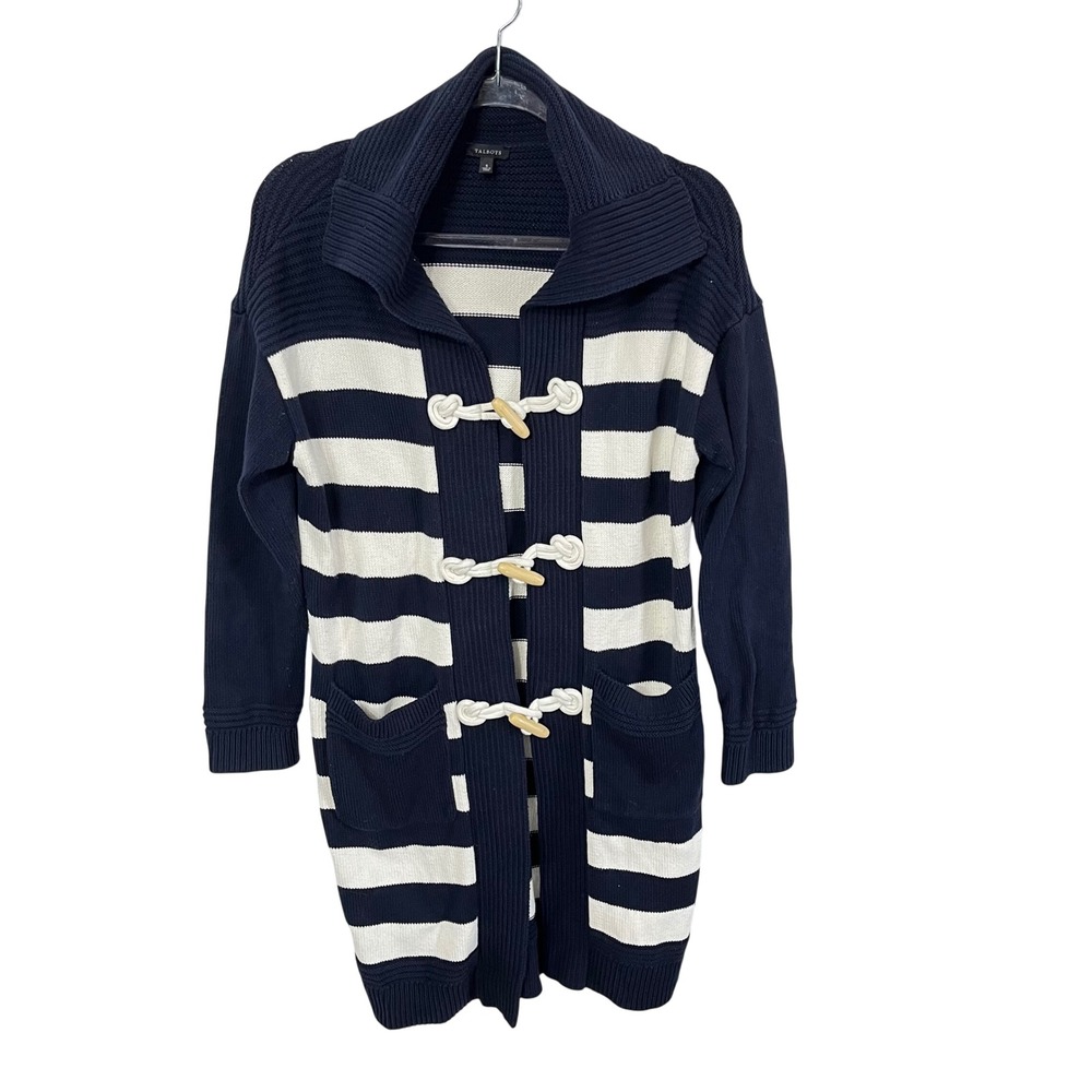 Talbots Toggle Cardigan Women Small Navy‎ White Striped Cotton Longline Sweater